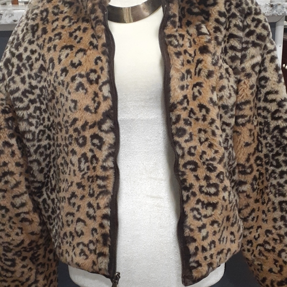 Vtg Joyce Leslie  faux fur leopard and leather reversible bomber  jacket size S - Picture 5 of 16